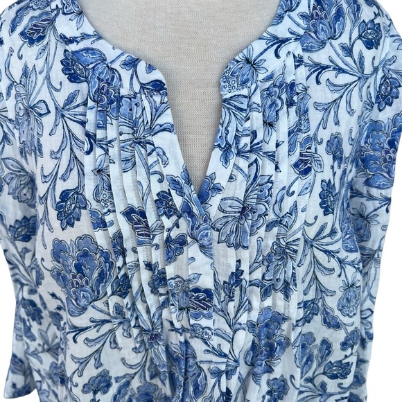 J. Jill Pintucked Printed Linen Popover White Mosaic Jacobean Bell Sleeves Small - Picture 6 of 10